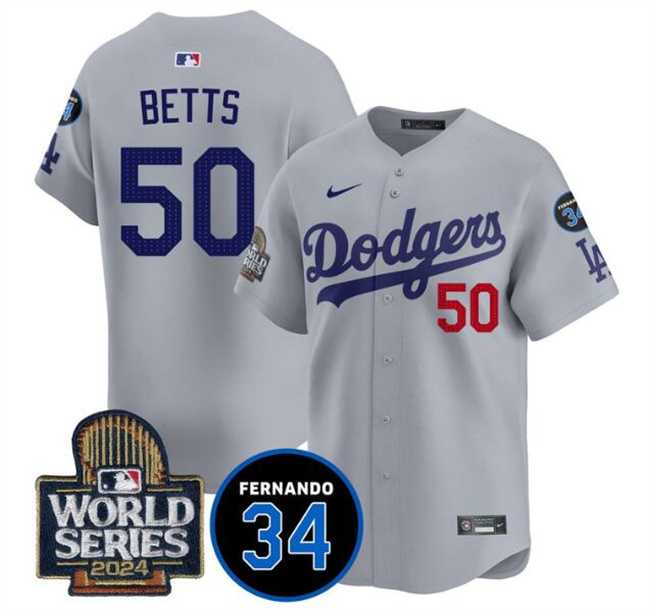 Mens Los Angeles Dodgers #50 Mookie Betts Grey 2024 World Series With Fernando Memorial Patch Limited Stitched Jersey Dzhi